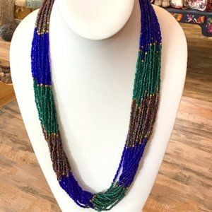 Multi Strand Peacock Colored Seed Bead Necklace